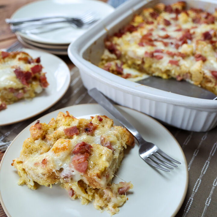 ham and cheese strata serving