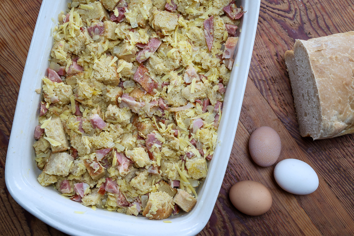 overnight ham and cheese strata in dish