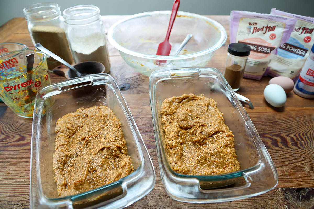 butternut squash bread batter in pans