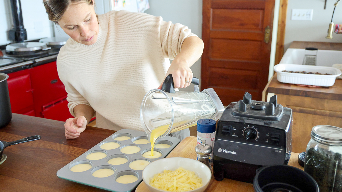 egg bites with yogurt into muffin tin