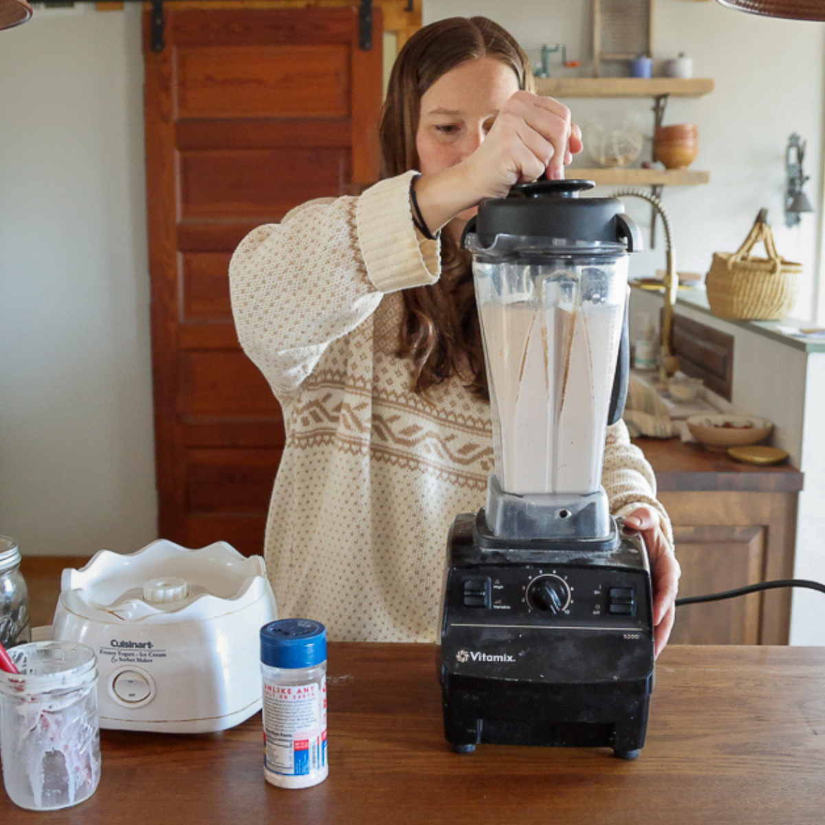 blending ingredients for peach ice cream