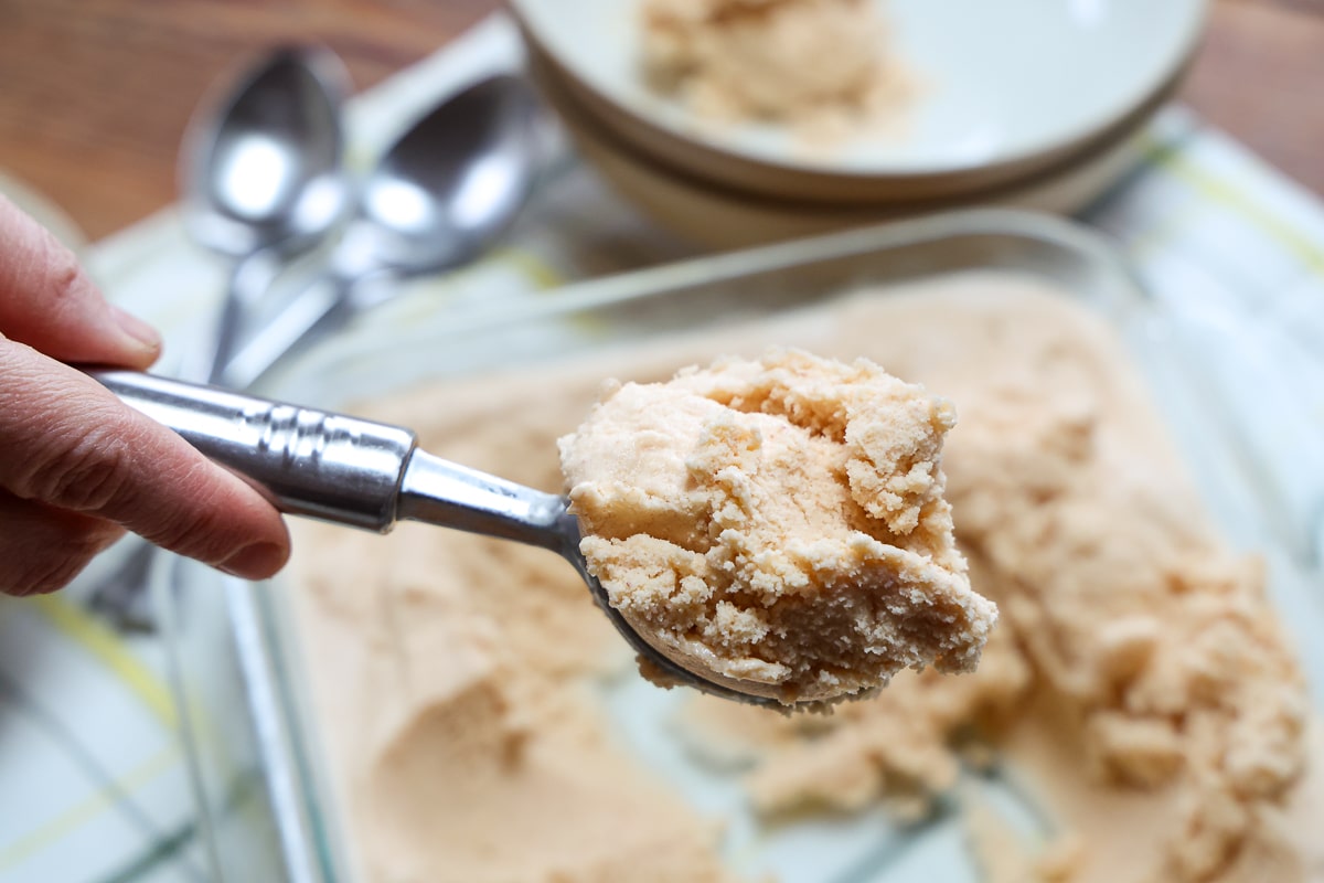creamy peach ice scream scooped