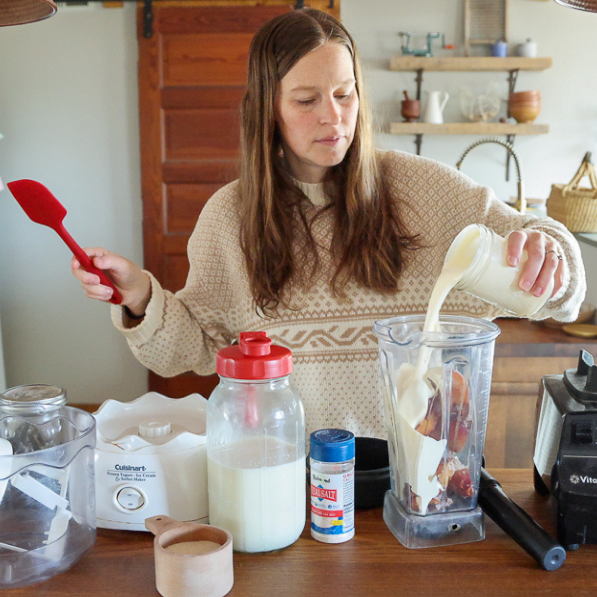 pouring ingredients for peach ice cream recipe