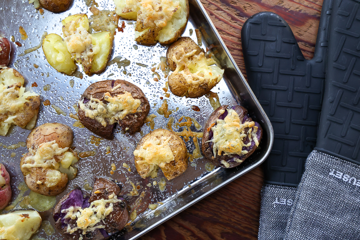 parmesan smashed potatoes fresh from oven