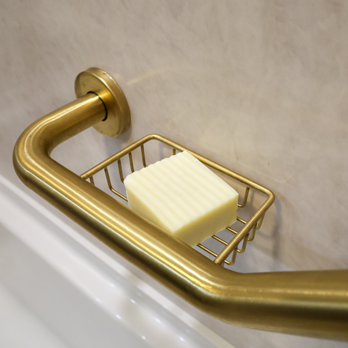 small farmhouse bathroom brass grab bar with soap holder