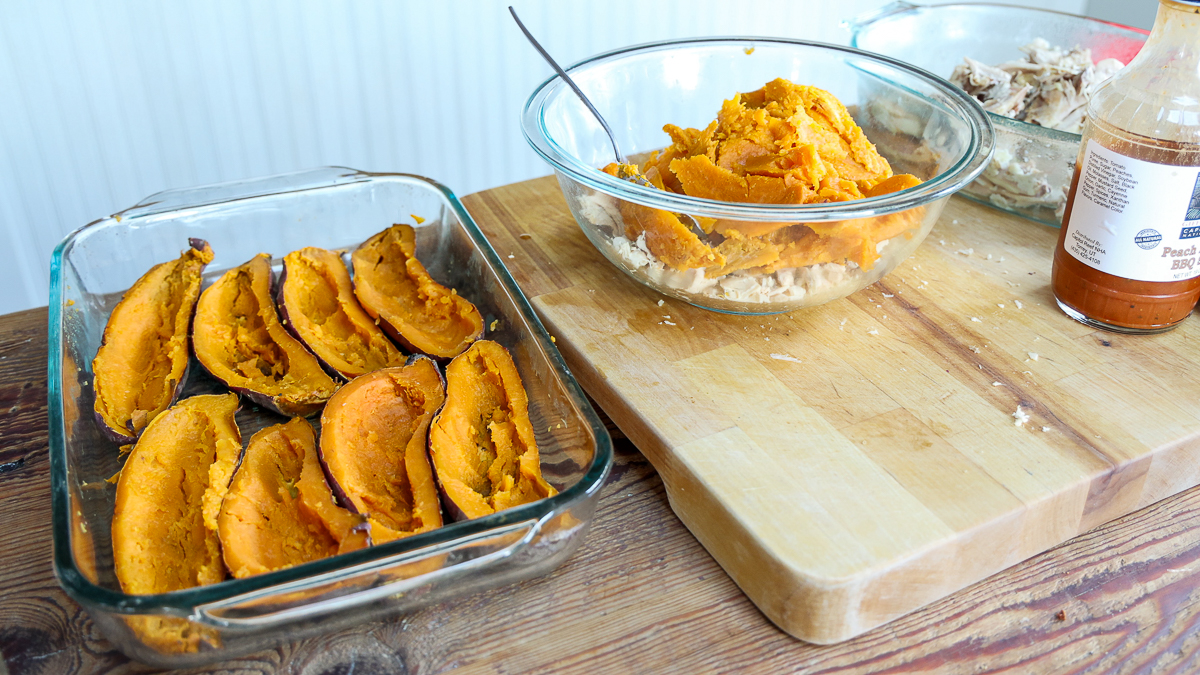 chicken stuffed sweet potatoes dinner prep