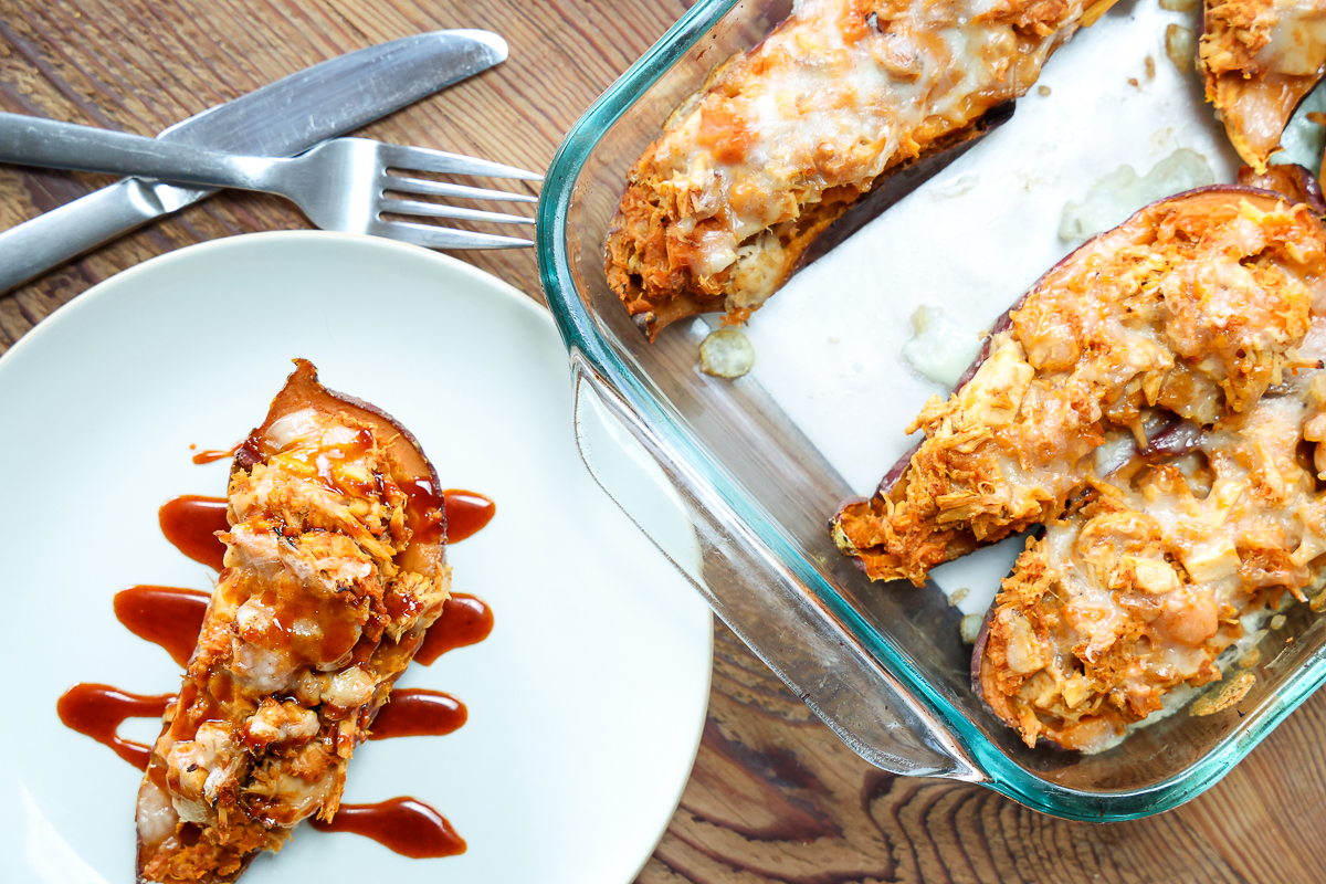 chicken stuffed sweet potatoes with bbq sauce drizzle
