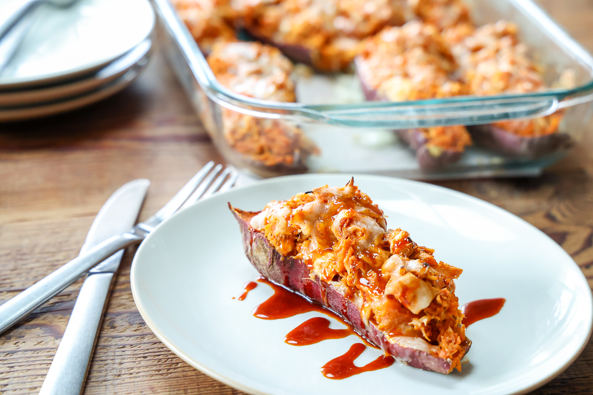 healthy chicken stuffed sweet potato meal