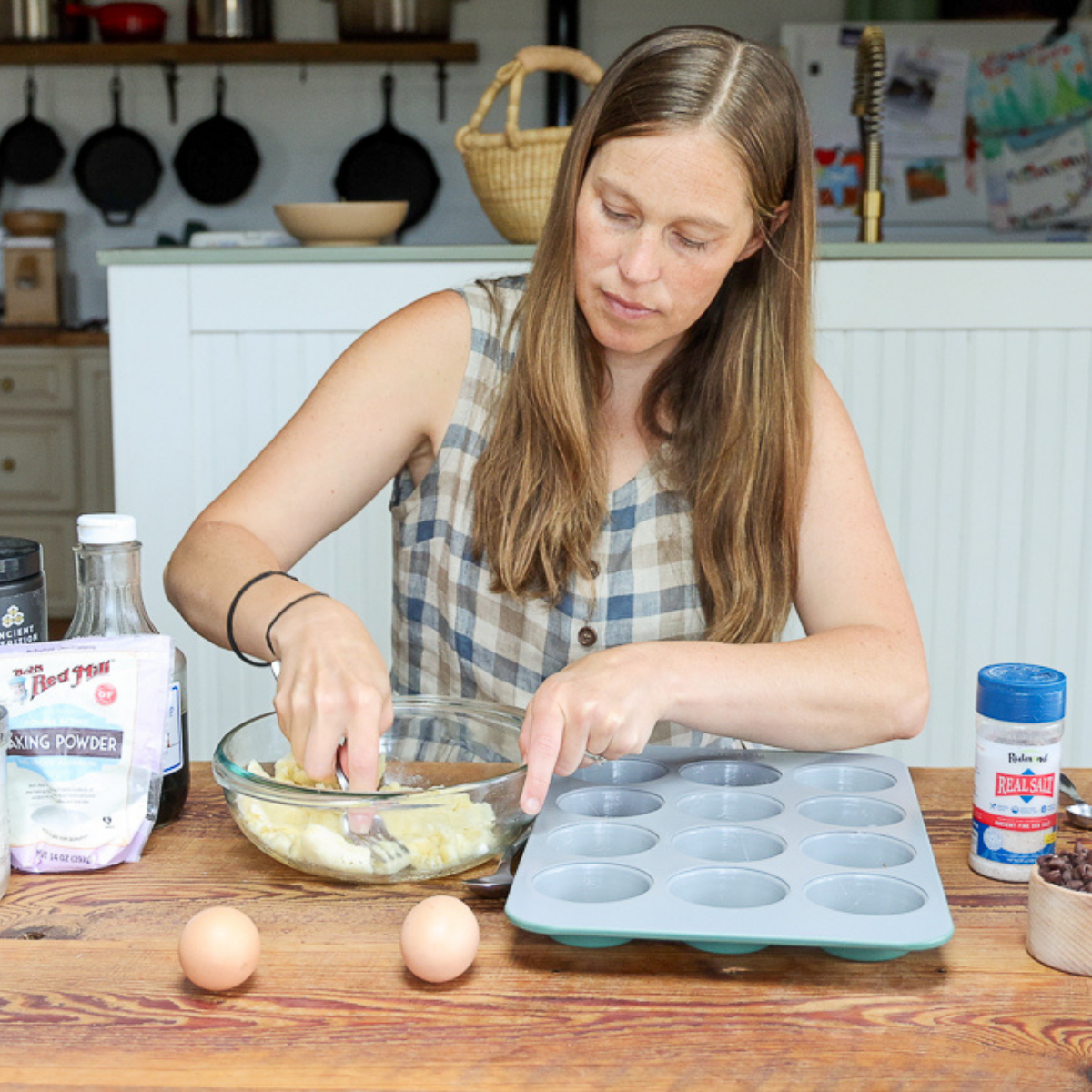 mashing bananas for banana protein muffins