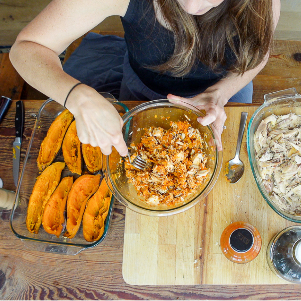 mixing filling for chicken stuffed sweet potatoes
