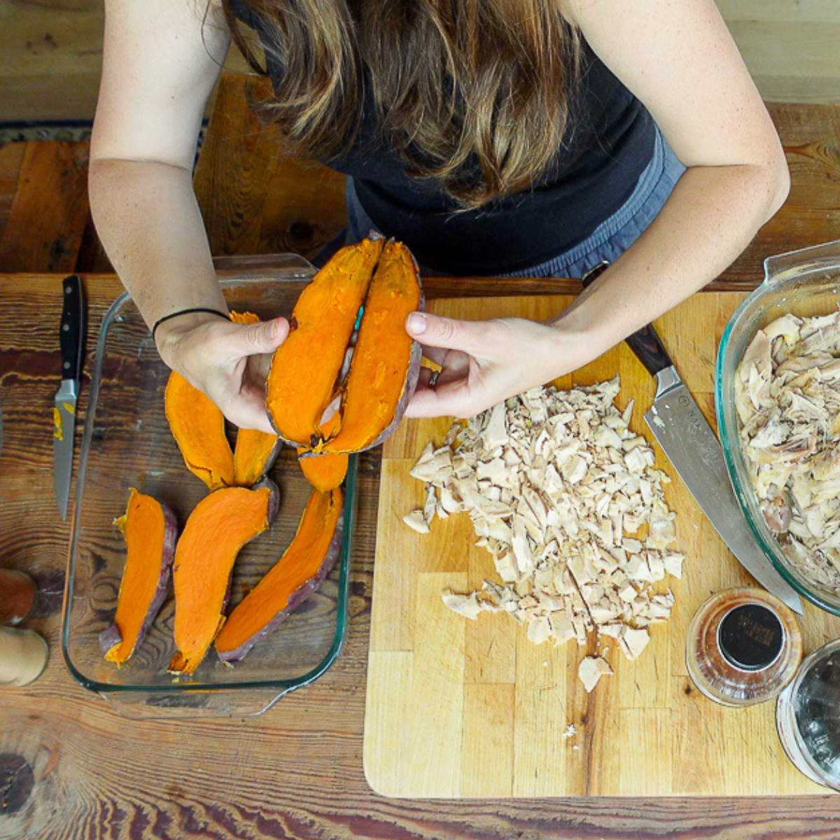 splitting potatoes for chicken stuffed sweet potatoes