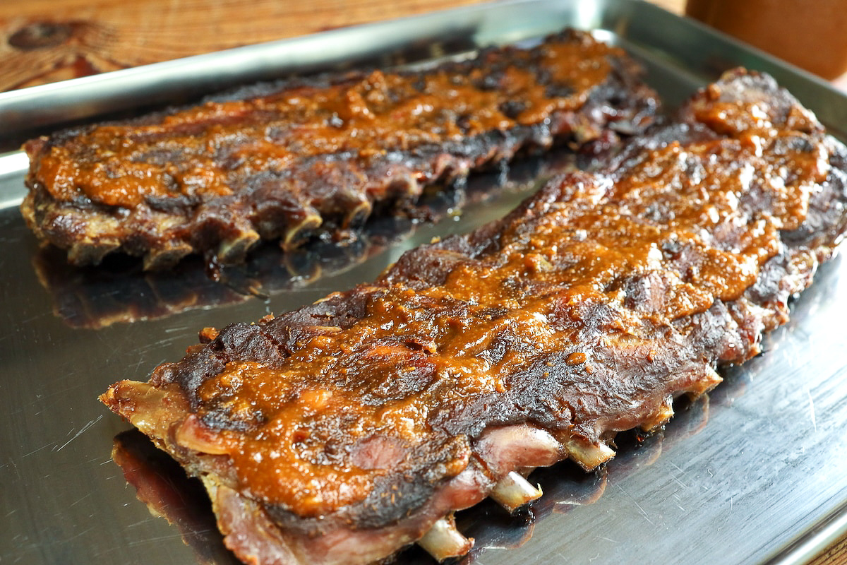 rhubarb BBQ sauce on ribs