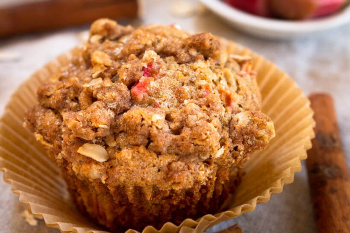rhubarb oat muffins by hostess at heart