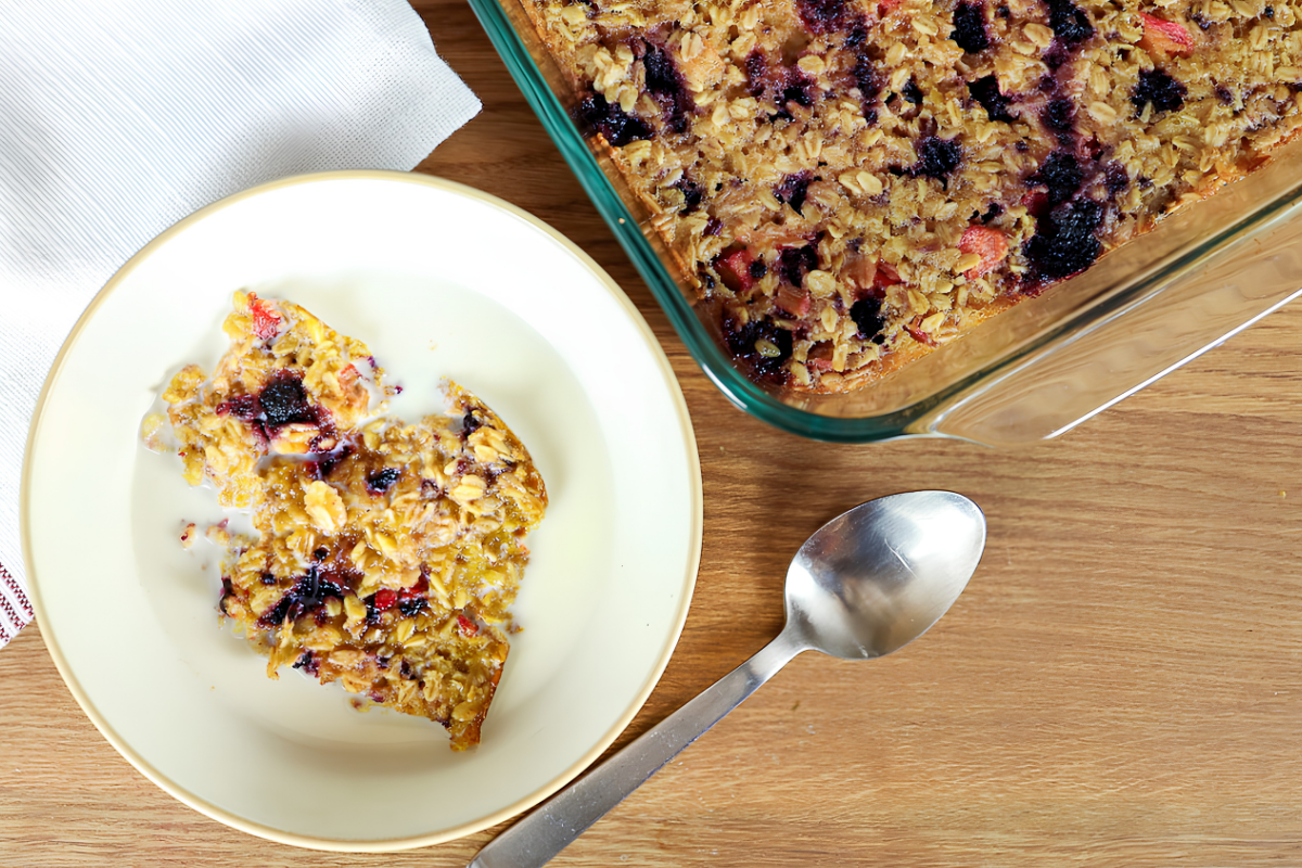 soaked and baked oatmeal with rhubarb