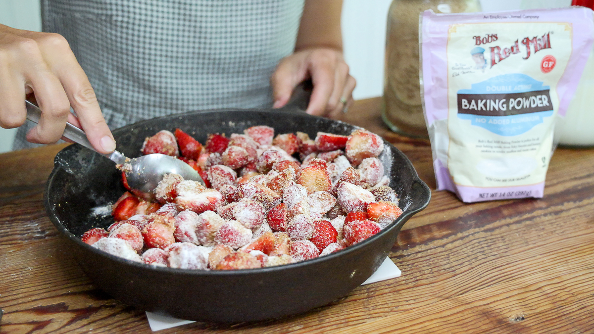 mixing filling for quick strawberry cobbler