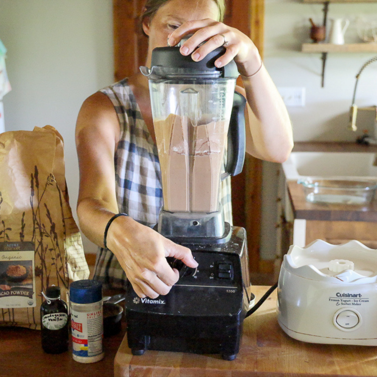 blending ingredients for homemade chocolate ice cream