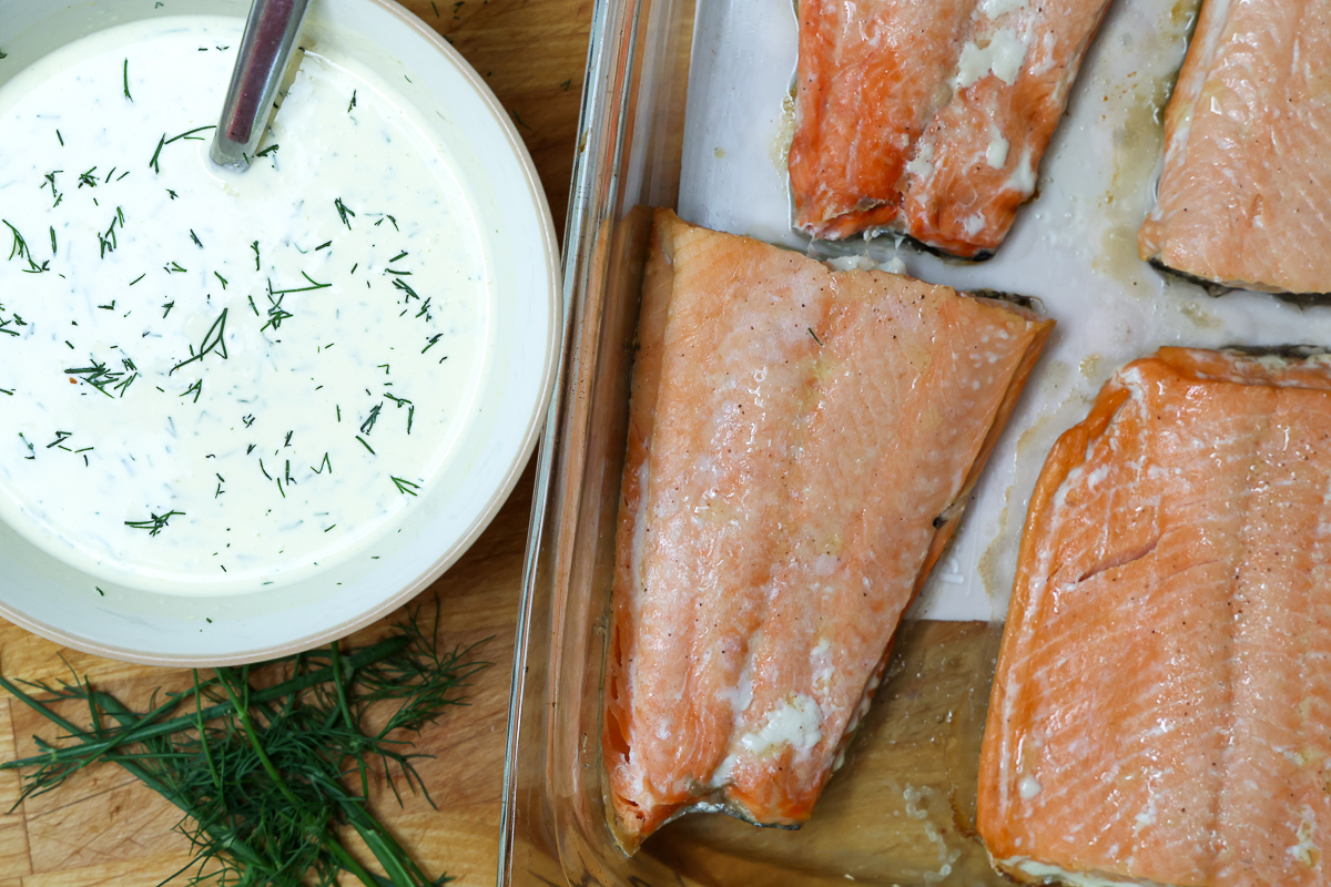 family favorite salmon with dill sauce meal