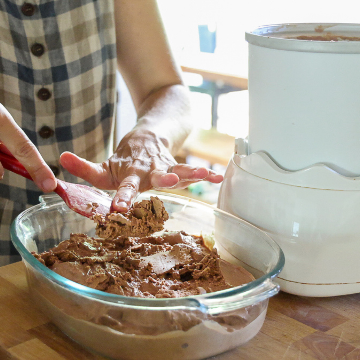 scooping easy homemade chocolate ice cream