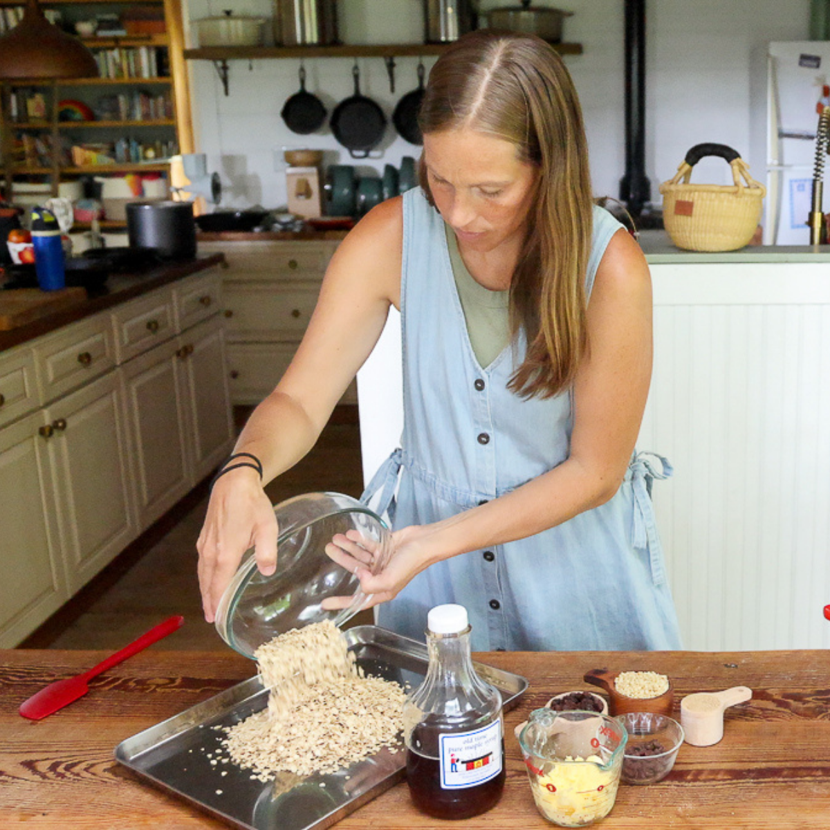 mixing oats and nuts for homemade granola bars without peanut butter